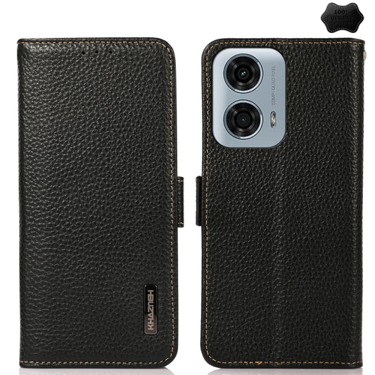 For Motorola Moto G34 KHAZNEH Side-Magnetic Litchi Genuine Leather RFID Phone Case(Black) - Motorola Cases by PMC Jewellery | Online Shopping South Africa | PMC Jewellery | Buy Now Pay Later Mobicred