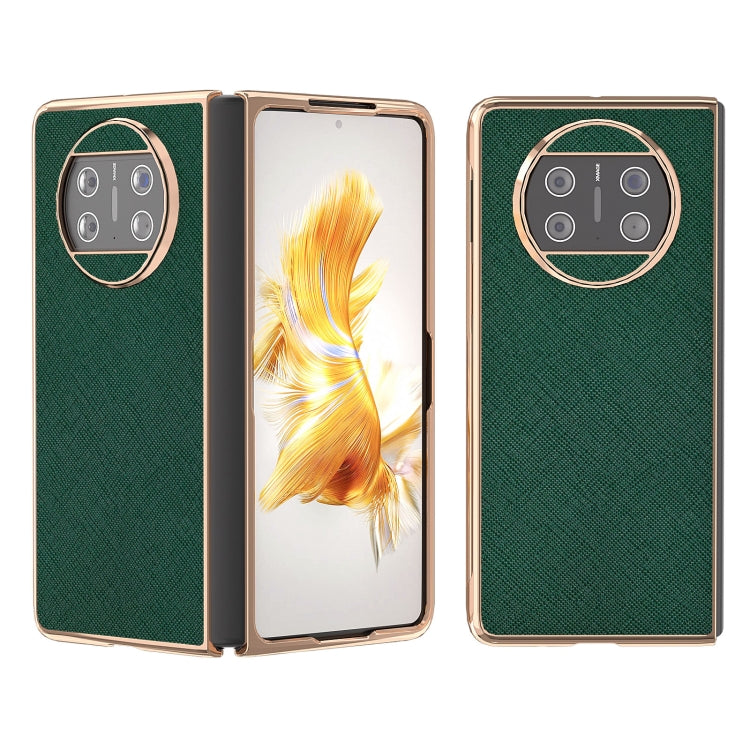 For Huawei Mate X3 Electroplating Cross Texture Genuine Leather Phone Case(Green) - Huawei Cases by PMC TechLife | Online Shopping South Africa | PMC TechLife | Buy Now Pay Later Mobicred
