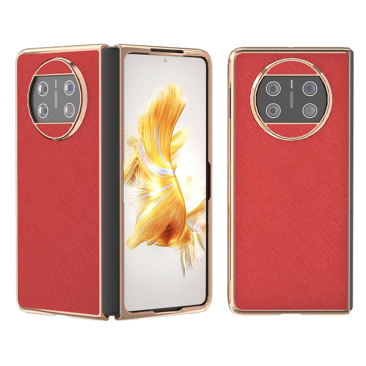 For Huawei Mate X3 Electroplating Cross Texture Genuine Leather Phone Case(Red) - Huawei Cases by PMC TechLife | Online Shopping South Africa | PMC TechLife | Buy Now Pay Later Mobicred