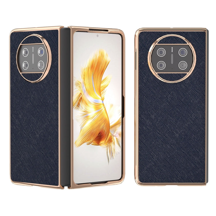For Huawei Mate X3 Electroplating Cross Texture Genuine Leather Phone Case(Blue) - Huawei Cases by PMC TechLife | Online Shopping South Africa | PMC TechLife | Buy Now Pay Later Mobicred