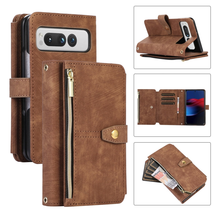 For Google Pixel Fold Dream 9-Card Wallet Zipper Bag Leather Phone Case(Brown) - Google Cases by PMC Jewellery | Online Shopping South Africa | PMC Jewellery | Buy Now Pay Later Mobicred