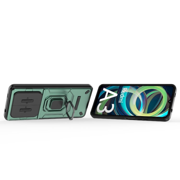 For Xiaomi Redmi A3 4G Global Sliding Camshield TPU + PC Shockproof Phone Case with Holder(Green) - Xiaomi Cases by PMC TechLife | Online Shopping South Africa | PMC TechLife | Buy Now Pay Later Mobicred