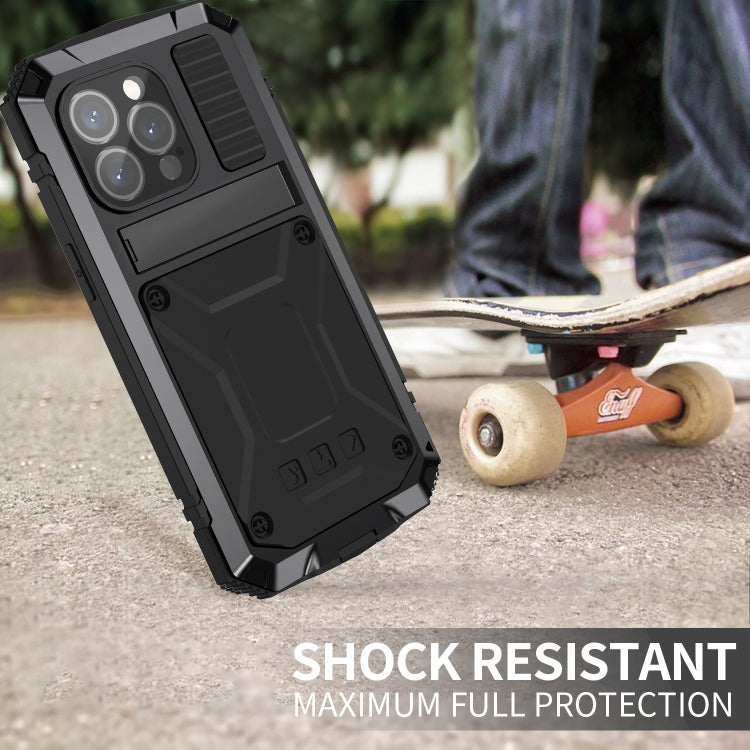 For iPhone 15 Pro R-JUST Shockproof Life Waterproof Dust-proof Metal + Silicone Phone Case with Holder(Black) - iPhone 15 Pro Cases by R-JUST | Online Shopping South Africa | PMC TechLife | Buy Now Pay Later Mobicred