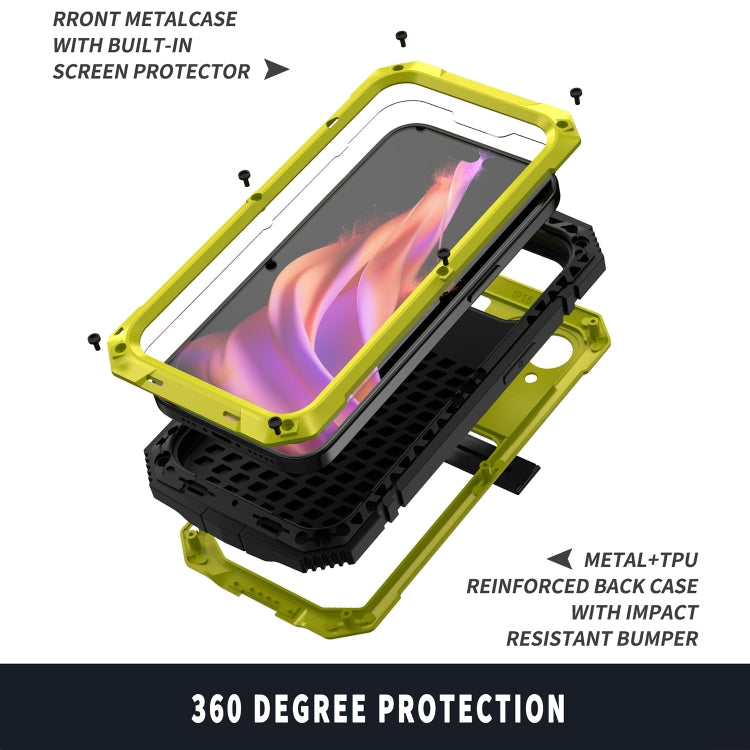 For iPhone 15 R-JUST Shockproof Life Waterproof Dust-proof Metal + Silicone Phone Case with Holder(Yellow) - iPhone 15 Cases by R-JUST | Online Shopping South Africa | PMC Jewellery