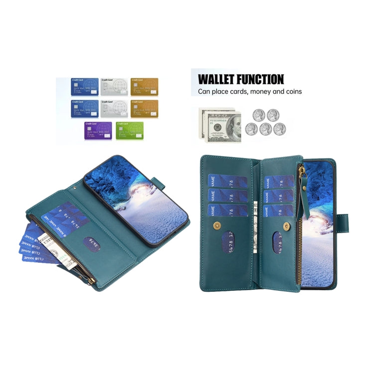 For OPPO A58 4G 9 Card Slots Zipper Wallet Leather Flip Phone Case(Green) - OPPO Cases by PMC TechLife | Online Shopping South Africa | PMC TechLife | Buy Now Pay Later Mobicred