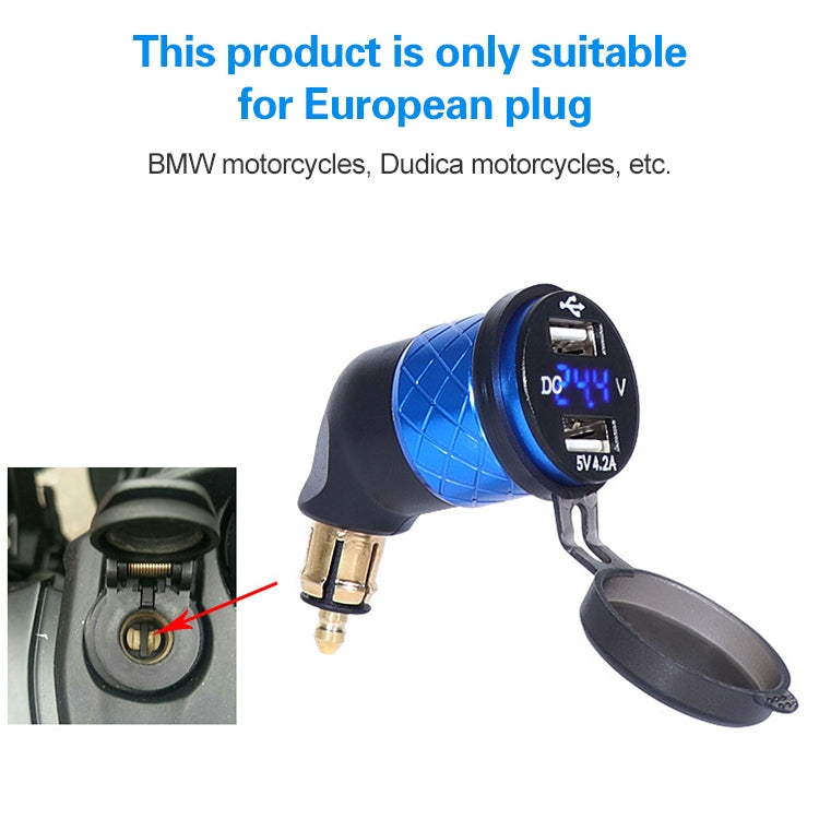 German EU Plug Special Motorcycle Elbow Charger Dual USB Voltmeter 4.2A Charger, Shell Color:Gold(Green Light) - Battery Charger by PMC TechLife | Online Shopping South Africa | PMC TechLife | Buy Now Pay Later Mobicred