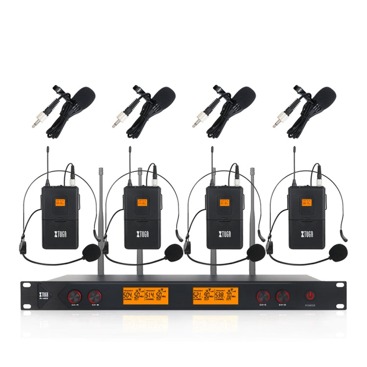 XTUGA A400-B Professional 4-Channel UHF Wireless Microphone System with 4 BodyPack Lavalier Headset Microphone(US Plug) - Microphone by XTUGA | Online Shopping South Africa | PMC Jewellery | Buy Now Pay Later Mobicred