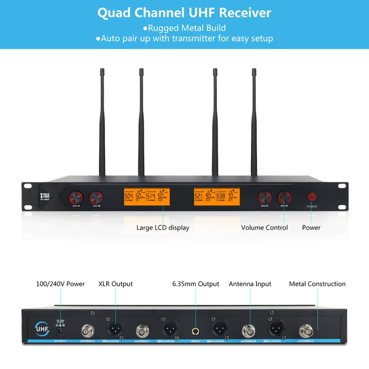 XTUGA A400-B Professional 4-Channel UHF Wireless Microphone System with 4 BodyPack Lavalier Headset Microphone(EU Plug) - Microphone by XTUGA | Online Shopping South Africa | PMC TechLife
