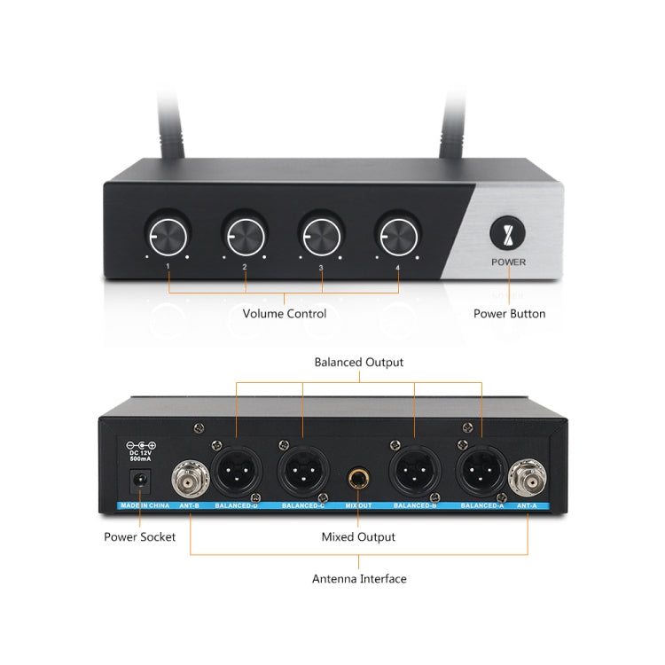 XTUGA S400 Professional 4-Channel UHF Wireless Microphone System with 4 Handheld Microphone(US Plug) - Microphone by XTUGA | Online Shopping South Africa | PMC TechLife | Buy Now Pay Later Mobicred