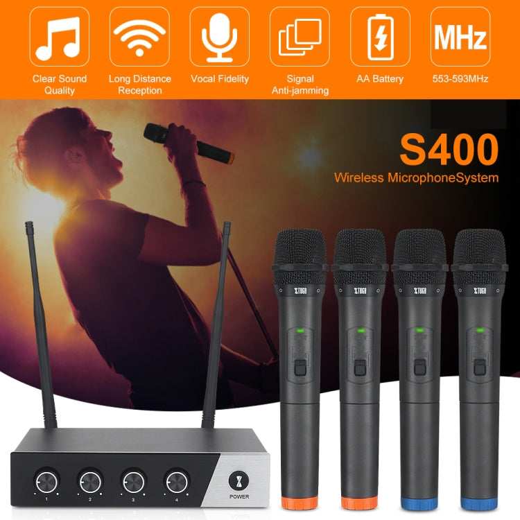 XTUGA S400 Professional 4-Channel UHF Wireless Microphone System with 4 Handheld Microphone(UK Plug) - Microphone by XTUGA | Online Shopping South Africa | PMC Jewellery | Buy Now Pay Later Mobicred