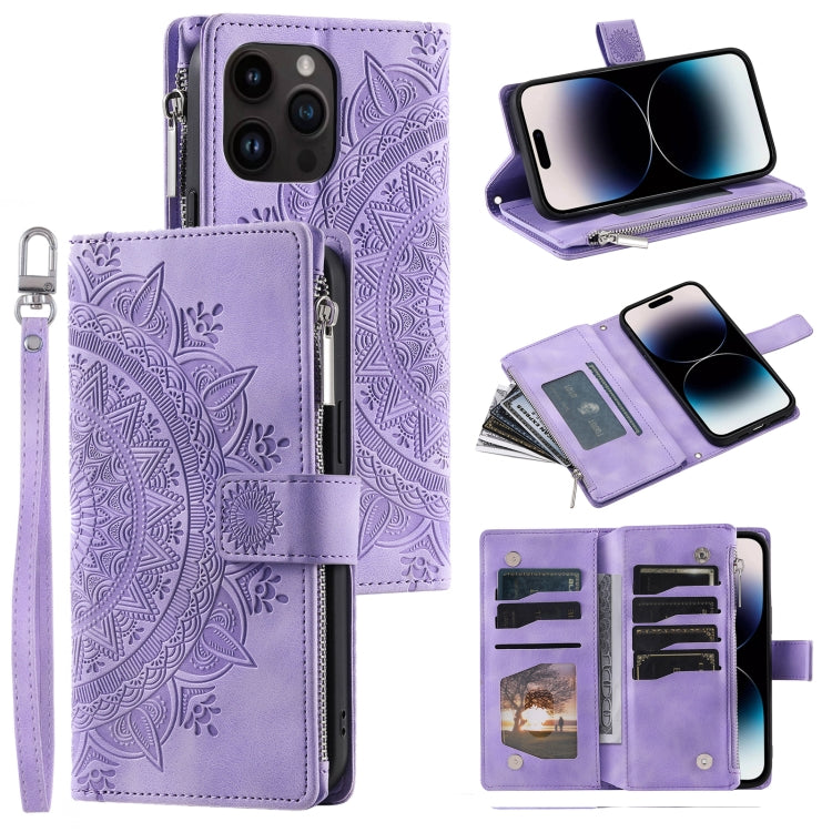 For iPhone 16 Pro Multi-Card Totem Zipper Leather Phone Case(Purple) - iPhone 16 Pro Cases by PMC TechLife | Online Shopping South Africa | PMC TechLife | Buy Now Pay Later Mobicred