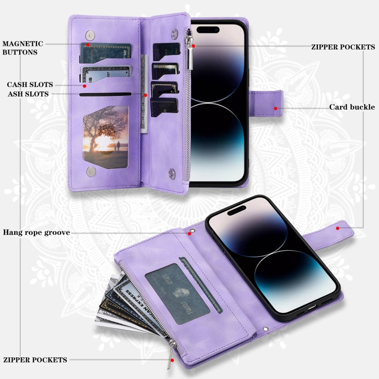 For iPhone 16 Pro Multi-Card Totem Zipper Leather Phone Case(Purple) - iPhone 16 Pro Cases by PMC TechLife | Online Shopping South Africa | PMC TechLife | Buy Now Pay Later Mobicred
