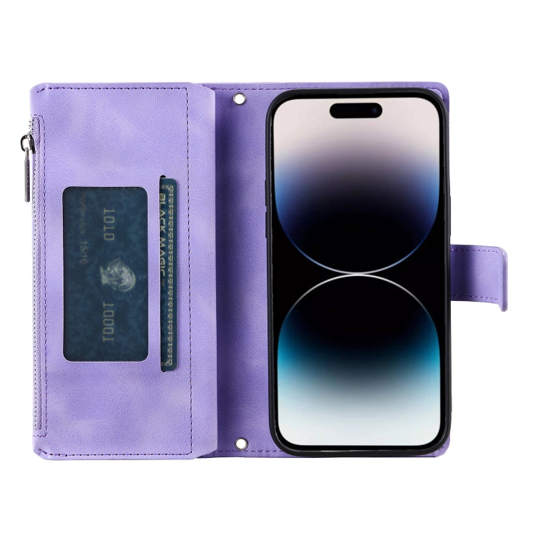For iPhone 16 Pro Multi-Card Totem Zipper Leather Phone Case(Purple) - iPhone 16 Pro Cases by PMC TechLife | Online Shopping South Africa | PMC TechLife | Buy Now Pay Later Mobicred