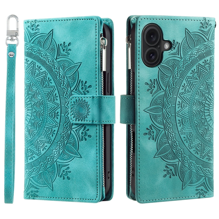 For iPhone 16 Multi-Card Totem Zipper Leather Phone Case(Green) - iPhone 16 Cases by PMC TechLife | Online Shopping South Africa | PMC TechLife | Buy Now Pay Later Mobicred