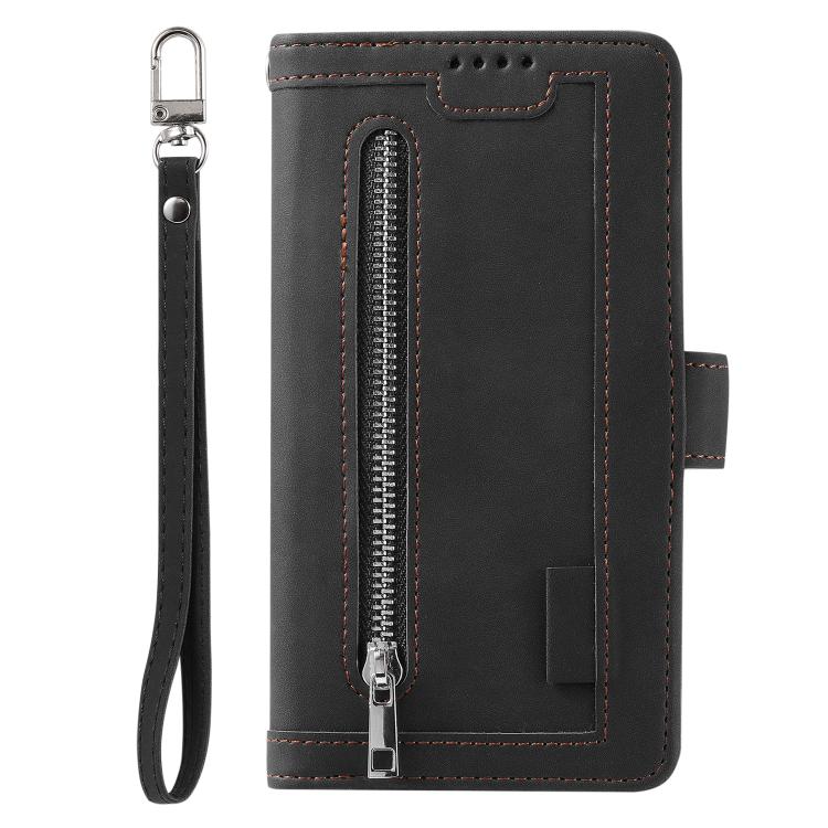 For iPhone 16e Nine Card Zipper Bag Leather Phone Case with Lanyard(Black) - iPhone 16e Cases by PMC TechLife | Online Shopping South Africa | PMC TechLife | Buy Now Pay Later Mobicred