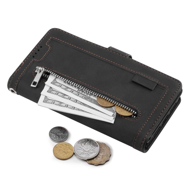 For iPhone 16e Nine Card Zipper Bag Leather Phone Case with Lanyard(Black) - iPhone 16e Cases by PMC TechLife | Online Shopping South Africa | PMC TechLife | Buy Now Pay Later Mobicred