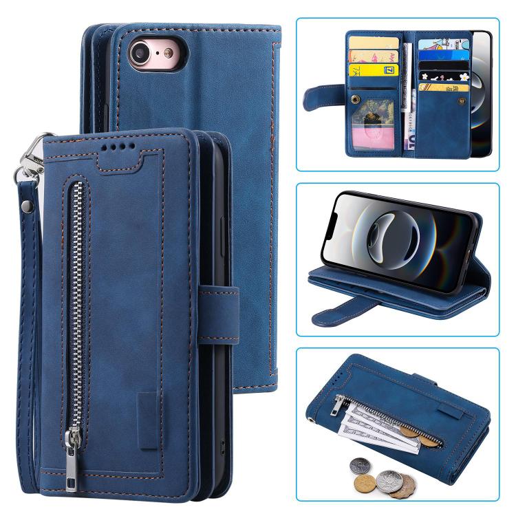 For iPhone 16e Nine Card Zipper Bag Leather Phone Case with Lanyard(Blue) - iPhone 16e Cases by PMC TechLife | Online Shopping South Africa | PMC TechLife | Buy Now Pay Later Mobicred