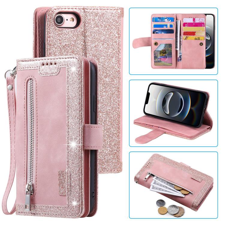 For iPhone 16e Nine Card Zipper Bag Leather Phone Case with Lanyard(Pink) - iPhone 16e Cases by PMC TechLife | Online Shopping South Africa | PMC TechLife | Buy Now Pay Later Mobicred