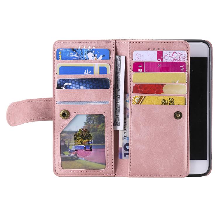 For iPhone 16e Nine Card Zipper Bag Leather Phone Case with Lanyard(Pink) - iPhone 16e Cases by PMC TechLife | Online Shopping South Africa | PMC TechLife | Buy Now Pay Later Mobicred