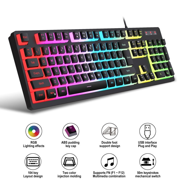 HXSJ L200 Wired RGB Backlit Keyboard 104 Pudding Key Caps(Black) - Wired Keyboard by HXSJ | Online Shopping South Africa | PMC Jewellery | Buy Now Pay Later Mobicred