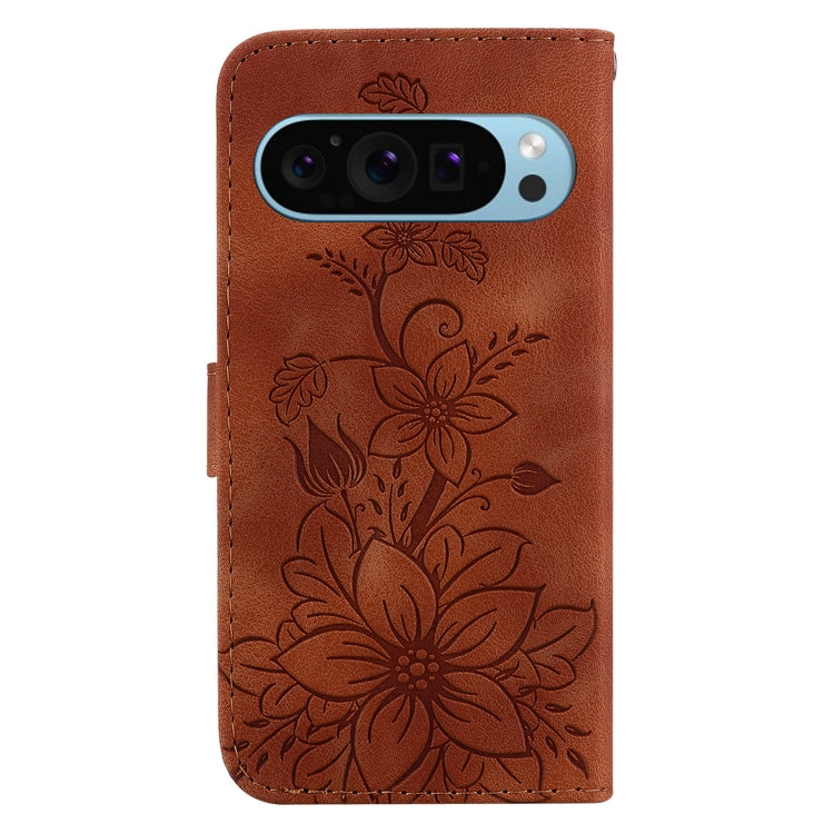 For Google Pixel 9 Pro Lily Embossed Leather Phone Case(Brown) - Google Cases by PMC TechLife | Online Shopping South Africa | PMC TechLife | Buy Now Pay Later Mobicred