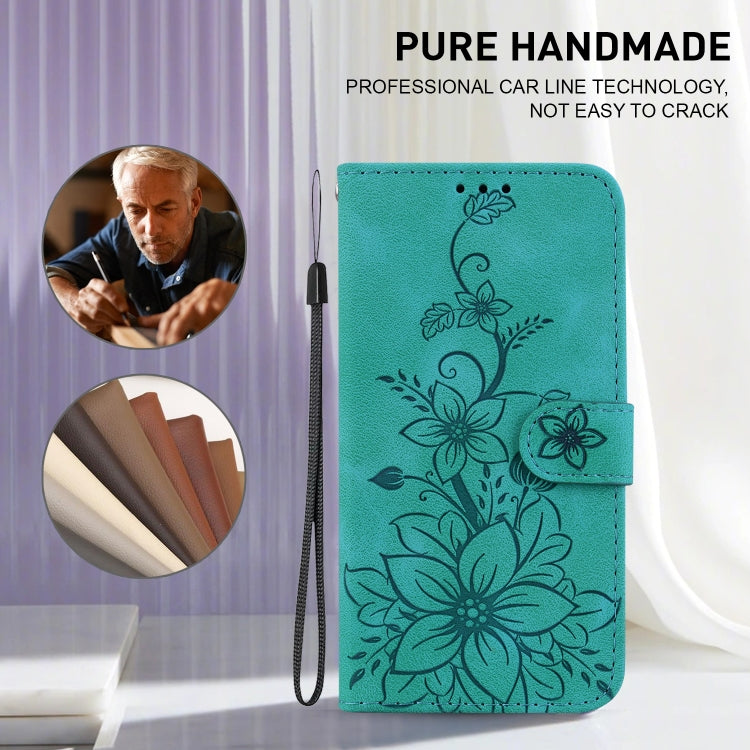 For iPhone 16e Lily Embossed Leather Phone Case(Green) - iPhone 16e Cases by PMC TechLife | Online Shopping South Africa | PMC TechLife | Buy Now Pay Later Mobicred