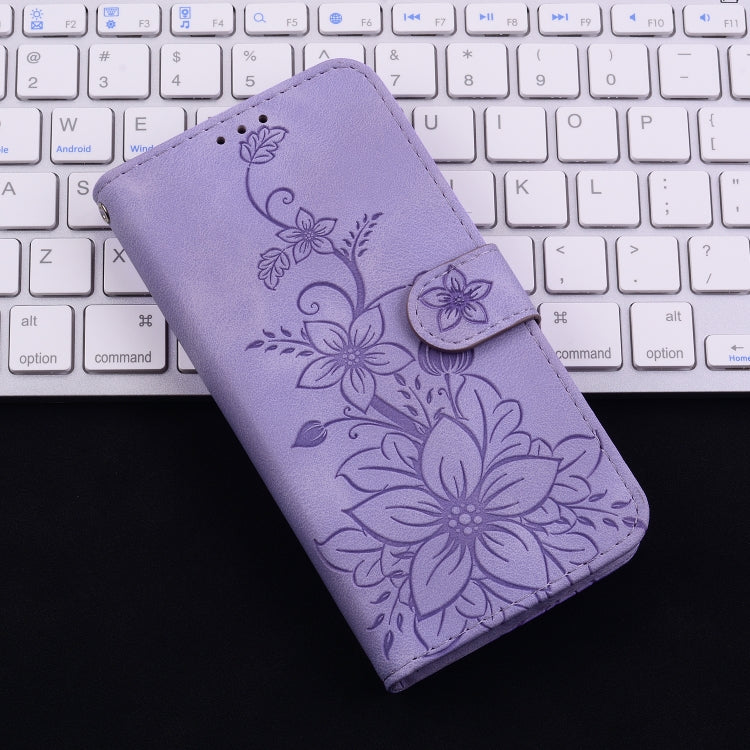 For iPhone 16e Lily Embossed Leather Phone Case(Purple) - iPhone 16e Cases by PMC TechLife | Online Shopping South Africa | PMC TechLife | Buy Now Pay Later Mobicred
