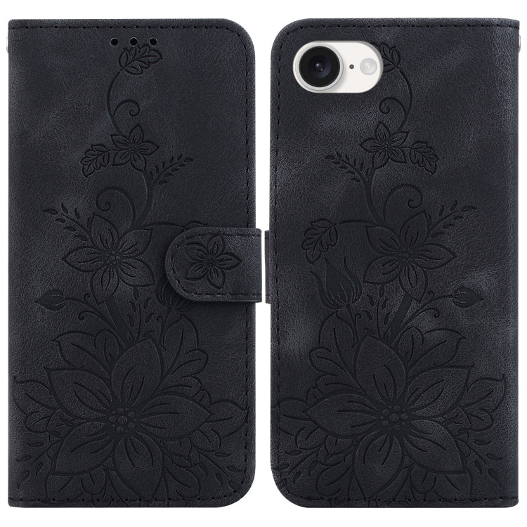 For iPhone 16e Lily Embossed Leather Phone Case(Black) - iPhone 16e Cases by PMC TechLife | Online Shopping South Africa | PMC TechLife | Buy Now Pay Later Mobicred