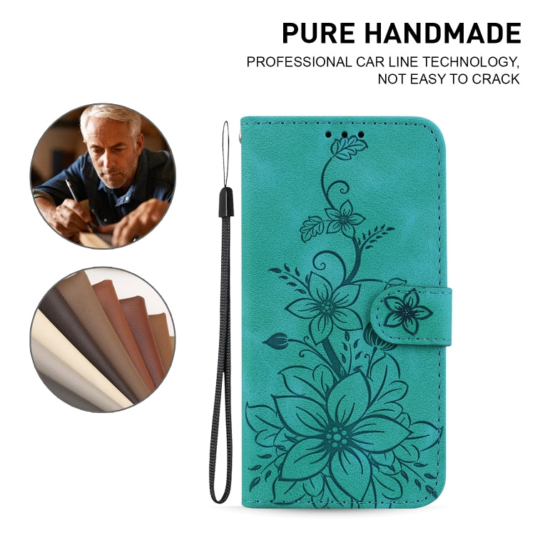 For iPhone 16 Lily Embossed Leather Phone Case(Green) - iPhone 16 Cases by PMC TechLife | Online Shopping South Africa | PMC TechLife | Buy Now Pay Later Mobicred