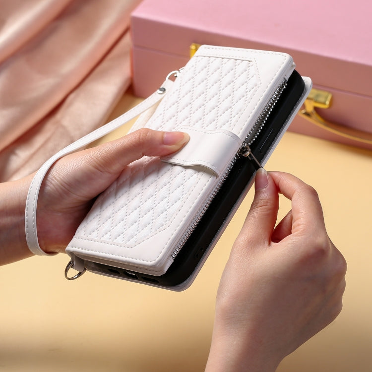 For iPhone 16 Pro Grid Texture Zipper Leather Phone Case with Lanyard(White) - free shipping - PMC TechLife - Order now!