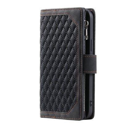 For iPhone 16 Plus Grid Texture Zipper Leather Phone Case with Lanyard(Black) - iPhone 16 Plus Cases by PMC Jewellery | Online Shopping South Africa | PMC Jewellery | Buy Now Pay Later Mobicred