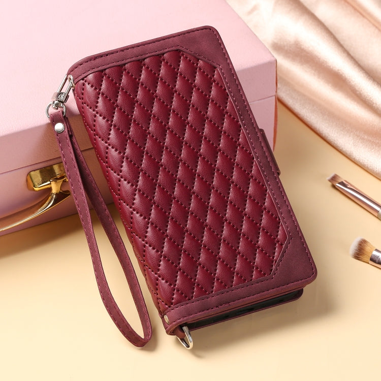 For iPhone 16 Grid Texture Zipper Leather Phone Case with Lanyard(Wine Red) - iPhone 16 Cases by PMC TechLife | Online Shopping South Africa | PMC TechLife | Buy Now Pay Later Mobicred