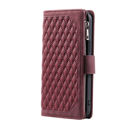 For iPhone 16 Grid Texture Zipper Leather Phone Case with Lanyard(Wine Red) - iPhone 16 Cases by PMC Jewellery | Online Shopping South Africa | PMC Jewellery | Buy Now Pay Later Mobicred