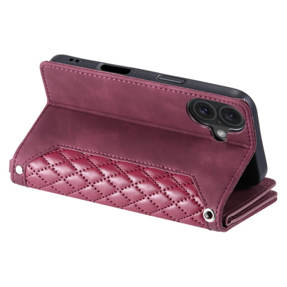 For iPhone 16 Grid Texture Zipper Leather Phone Case with Lanyard(Wine Red) - iPhone 16 Cases by PMC Jewellery | Online Shopping South Africa | PMC Jewellery | Buy Now Pay Later Mobicred