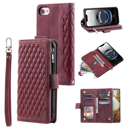 For iPhone 16e Grid Texture Zipper Leather Phone Case with Lanyard(Wine Red) - iPhone 16e Cases by PMC Jewellery | Online Shopping South Africa | PMC Jewellery | Buy Now Pay Later Mobicred