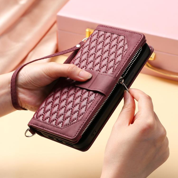 For iPhone 16e Grid Texture Zipper Leather Phone Case with Lanyard(Wine Red) - iPhone 16e Cases by PMC TechLife | Online Shopping South Africa | PMC TechLife | Buy Now Pay Later Mobicred