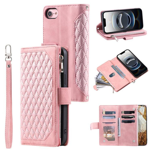 For iPhone 16e Grid Texture Zipper Leather Phone Case with Lanyard(Rose Gold) - iPhone 16e Cases by PMC Jewellery | Online Shopping South Africa | PMC Jewellery | Buy Now Pay Later Mobicred