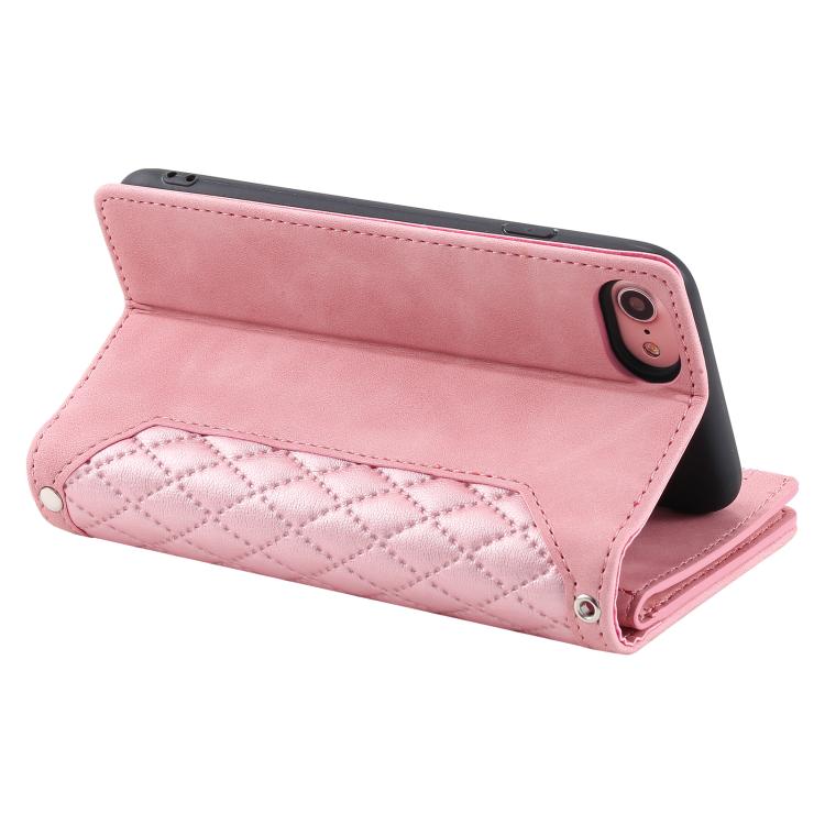 For iPhone 16e Grid Texture Zipper Leather Phone Case with Lanyard(Rose Gold) - iPhone 16e Cases by PMC TechLife | Online Shopping South Africa | PMC TechLife | Buy Now Pay Later Mobicred