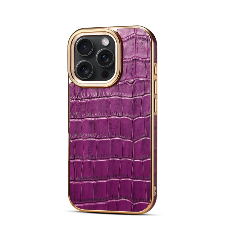 For iPhone 16 Pro Max Denior Crocodile Texture Genuine Leather Electroplating Phone Case(Purple) - More iPhone Cases by Denior | Online Shopping South Africa | PMC Jewellery | Buy Now Pay Later Mobicred