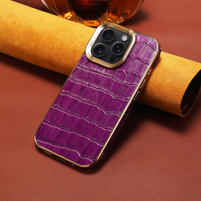 For iPhone 16 Pro Denior Crocodile Texture Genuine Leather Electroplating Phone Case(Purple) - More iPhone Cases by Denior | Online Shopping South Africa | PMC Jewellery | Buy Now Pay Later Mobicred