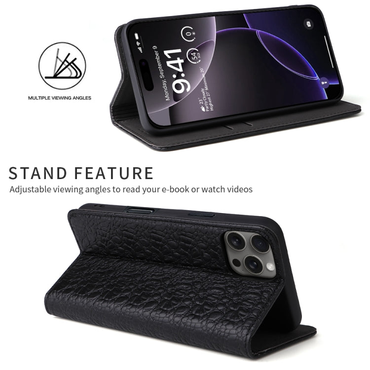For iPhone 16 Pro Max Fierre Shann Crocodile Texture Magnetic Genuine Leather Phone Case(Black) - free shipping - PMC Jewellery - Order now!