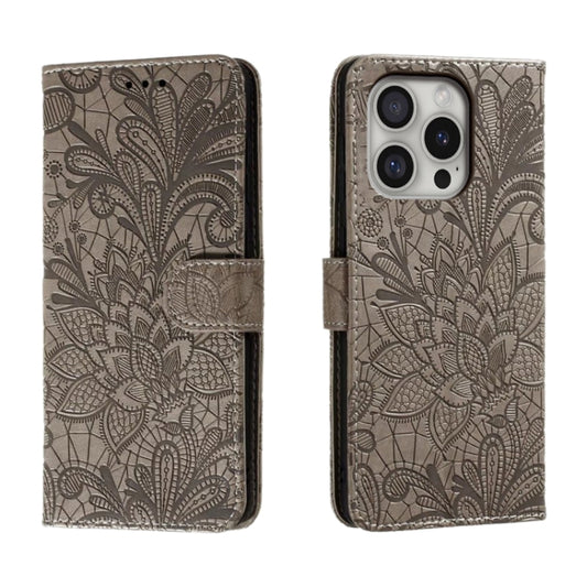 For iPhone 16 Pro Lace Flower Embossing Flip Leather Phone Case(Grey) - iPhone 16 Pro Cases by PMC Jewellery | Online Shopping South Africa | PMC Jewellery | Buy Now Pay Later Mobicred