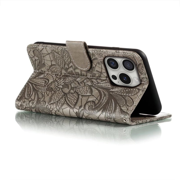 For iPhone 16 Pro Lace Flower Embossing Flip Leather Phone Case(Grey) - iPhone 16 Pro Cases by PMC TechLife | Online Shopping South Africa | PMC TechLife | Buy Now Pay Later Mobicred