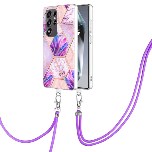 For Samsung Galaxy S25 Ultra 5G Electroplating IMD Splicing Dual-side Marble TPU Phone Case with Lanyard(Light Purple) - Galaxy S25 Ultra 5G Cases by PMC Jewellery | Online Shopping South Africa | PMC Jewellery | Buy Now Pay Later Mobicred