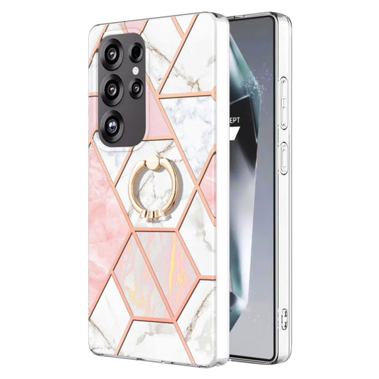 For Samsung Galaxy S25 Ultra 5G Splicing Marble Flower IMD TPU Phone Case Ring Holder(Pink White) - Galaxy S25 Ultra 5G Cases by PMC Jewellery | Online Shopping South Africa | PMC Jewellery | Buy Now Pay Later Mobicred