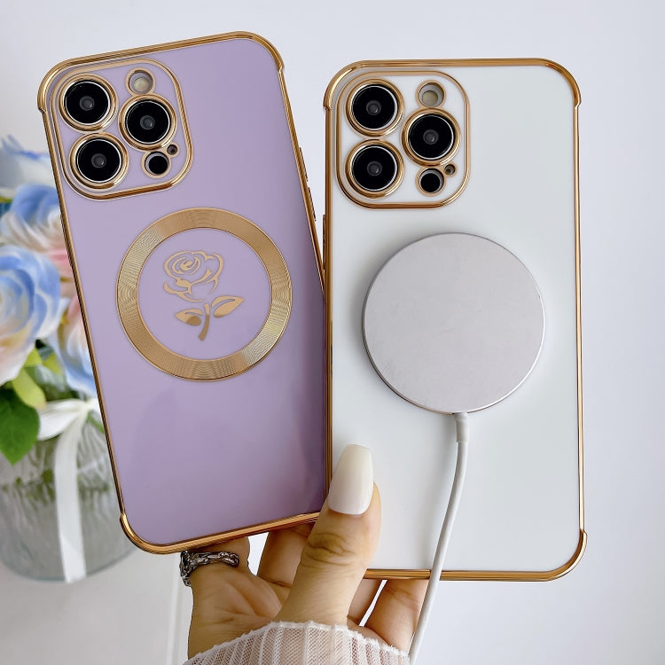 For iPhone 14 Pro Electroplate Side Roses Flower MagSafe Phone Case(Purple) - iPhone 14 Pro Cases by PMC TechLife | Online Shopping South Africa | PMC TechLife