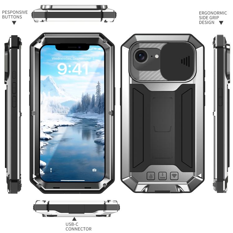 For iPhone 16e R-JUST Sliding Camera IP54 Life Waterproof Holder Phone Case(Silver) - iPhone 16e Cases by R-JUST | Online Shopping South Africa | PMC TechLife | Buy Now Pay Later Mobicred