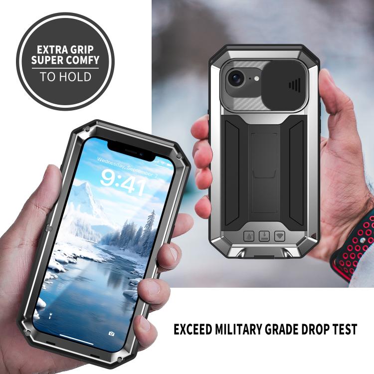 For iPhone 16e R-JUST Sliding Camera IP54 Life Waterproof Holder Phone Case(Silver) - iPhone 16e Cases by R-JUST | Online Shopping South Africa | PMC TechLife | Buy Now Pay Later Mobicred