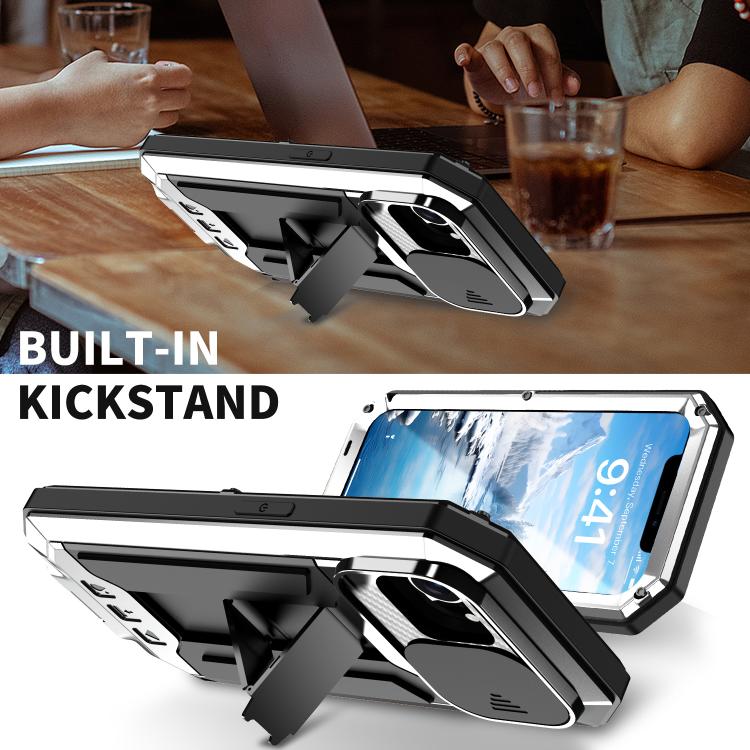 For iPhone 16e R-JUST Sliding Camera IP54 Life Waterproof Holder Phone Case(Silver) - iPhone 16e Cases by R-JUST | Online Shopping South Africa | PMC TechLife | Buy Now Pay Later Mobicred