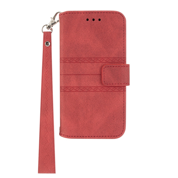 For iPhone 16 Embossed Stripes Skin Feel Leather Phone Case(Red) - iPhone 16 Cases by PMC Jewellery | Online Shopping South Africa | PMC Jewellery | Buy Now Pay Later Mobicred